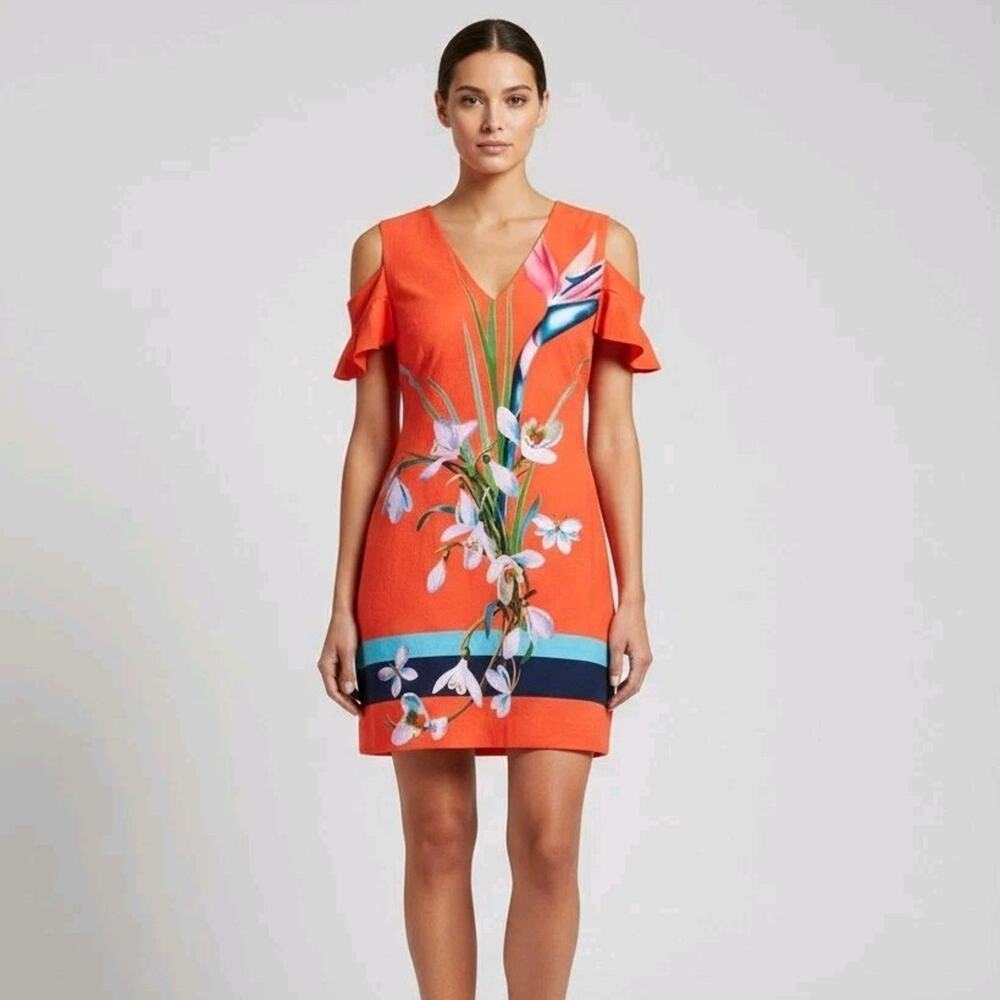 Ted Baker Leea Tropical Oasis Floral Cold Shoulder Dress Orange Red NWT 2